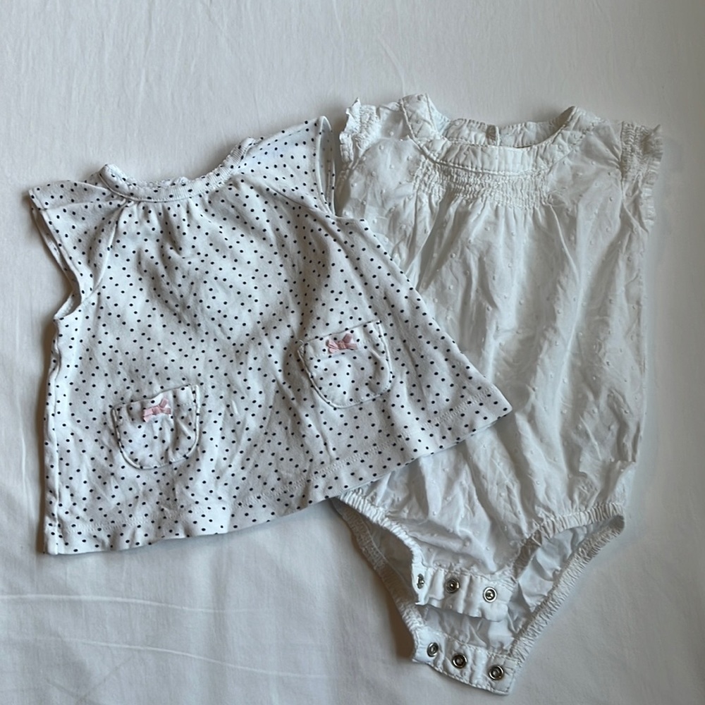 Osh Kosh Baby Girl’s White Romper/ Onesie and Carter’s Shirt Size 3 Months